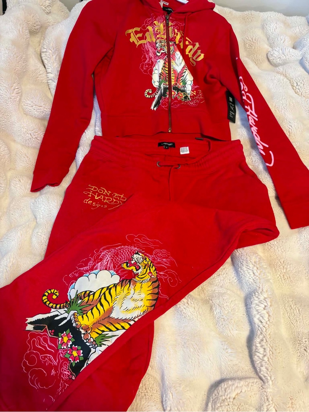Ed Hardy Red Hoodie and Sweatpants Set with Tiger Motif